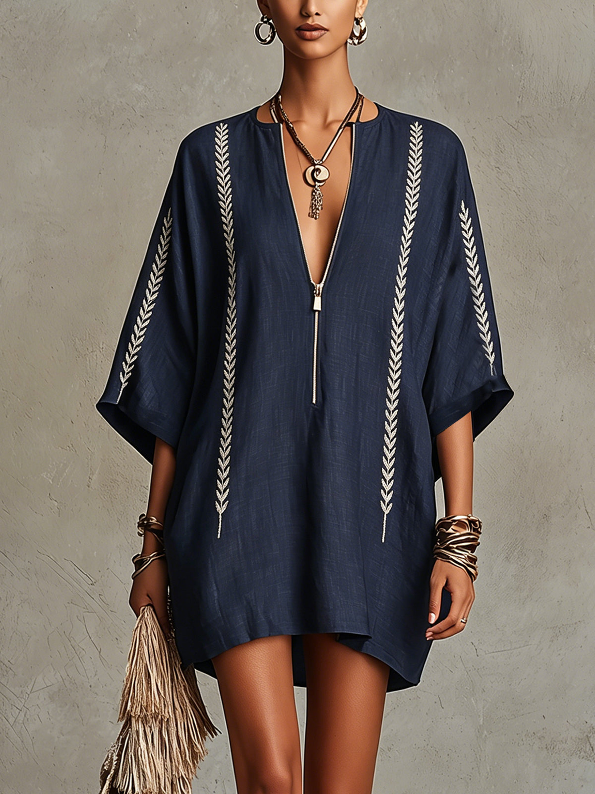 Navy Embroidered Mini Dress With Zip Front
