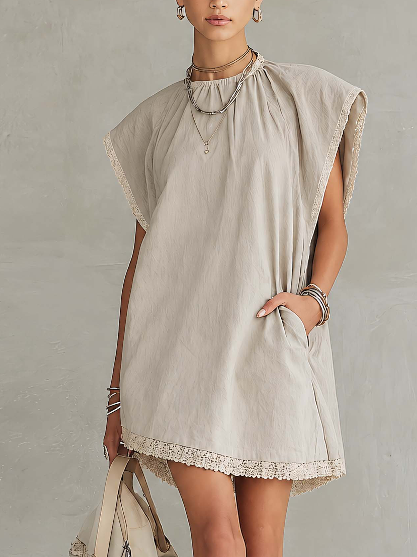 Light Gray Lace Trim Washed Cotton Patchwork Mini Dress