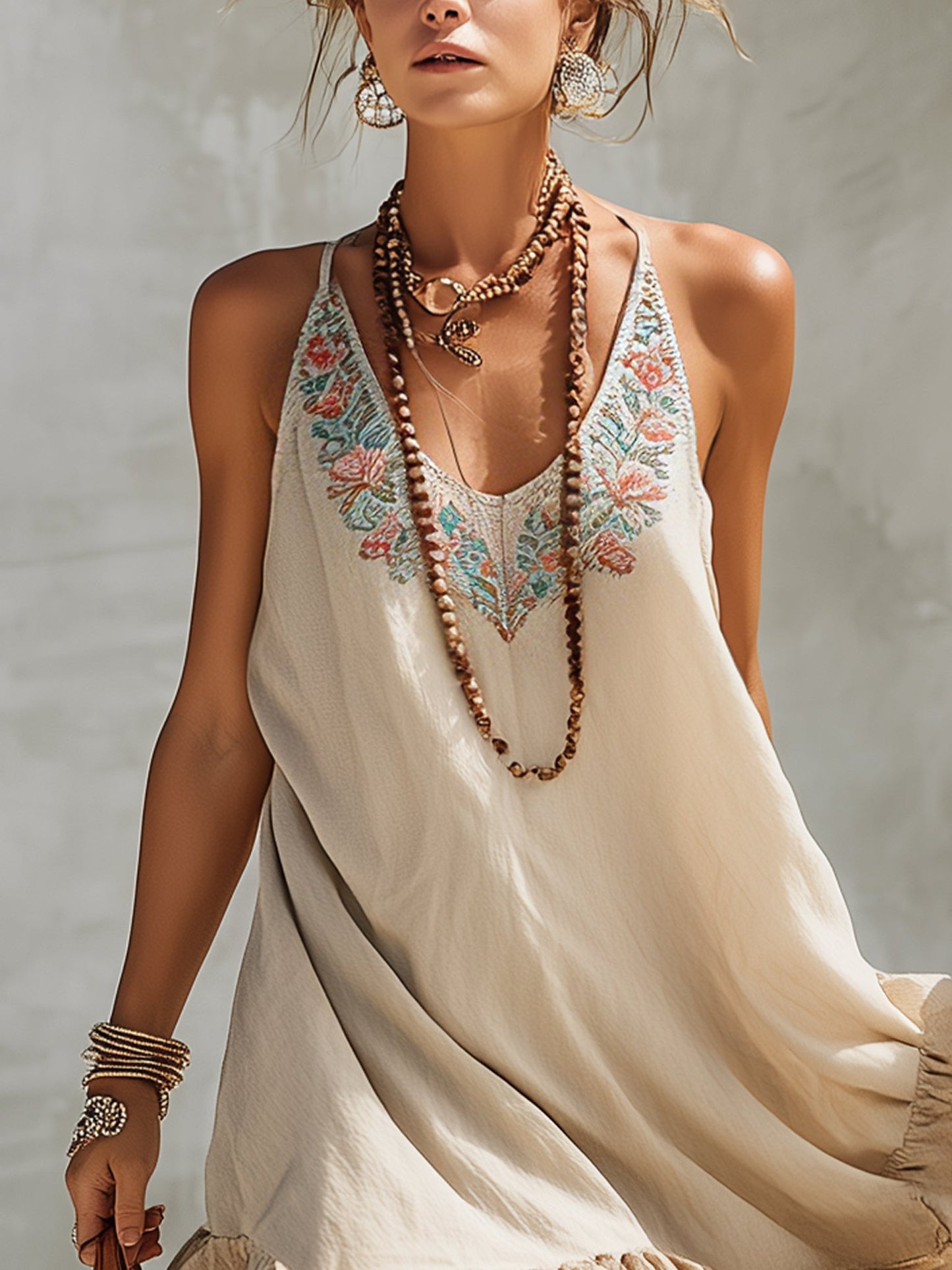 Beige Cotton Linen Embroidered Mini Dress