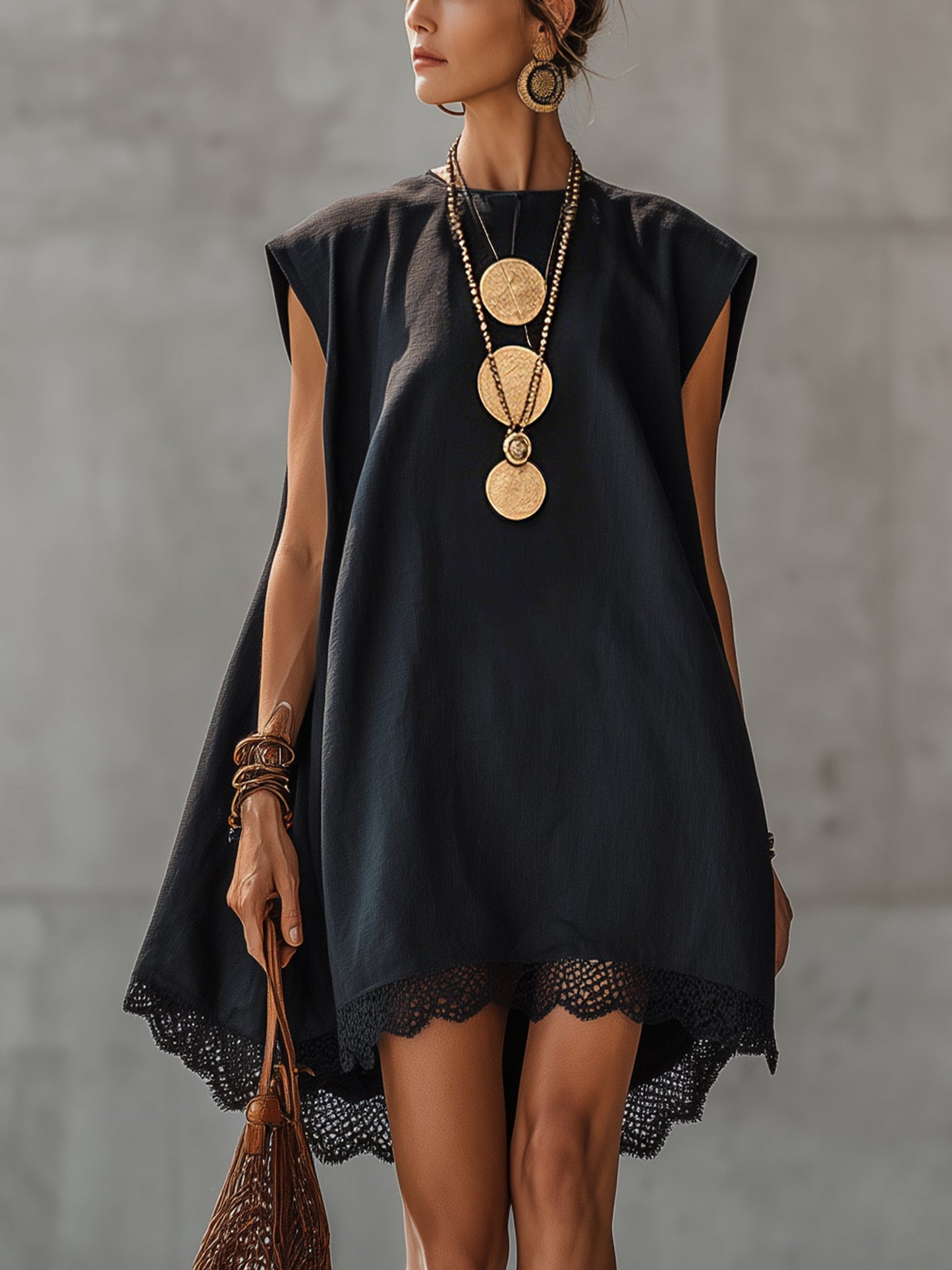 Black Embroidered Linen Mini Dress