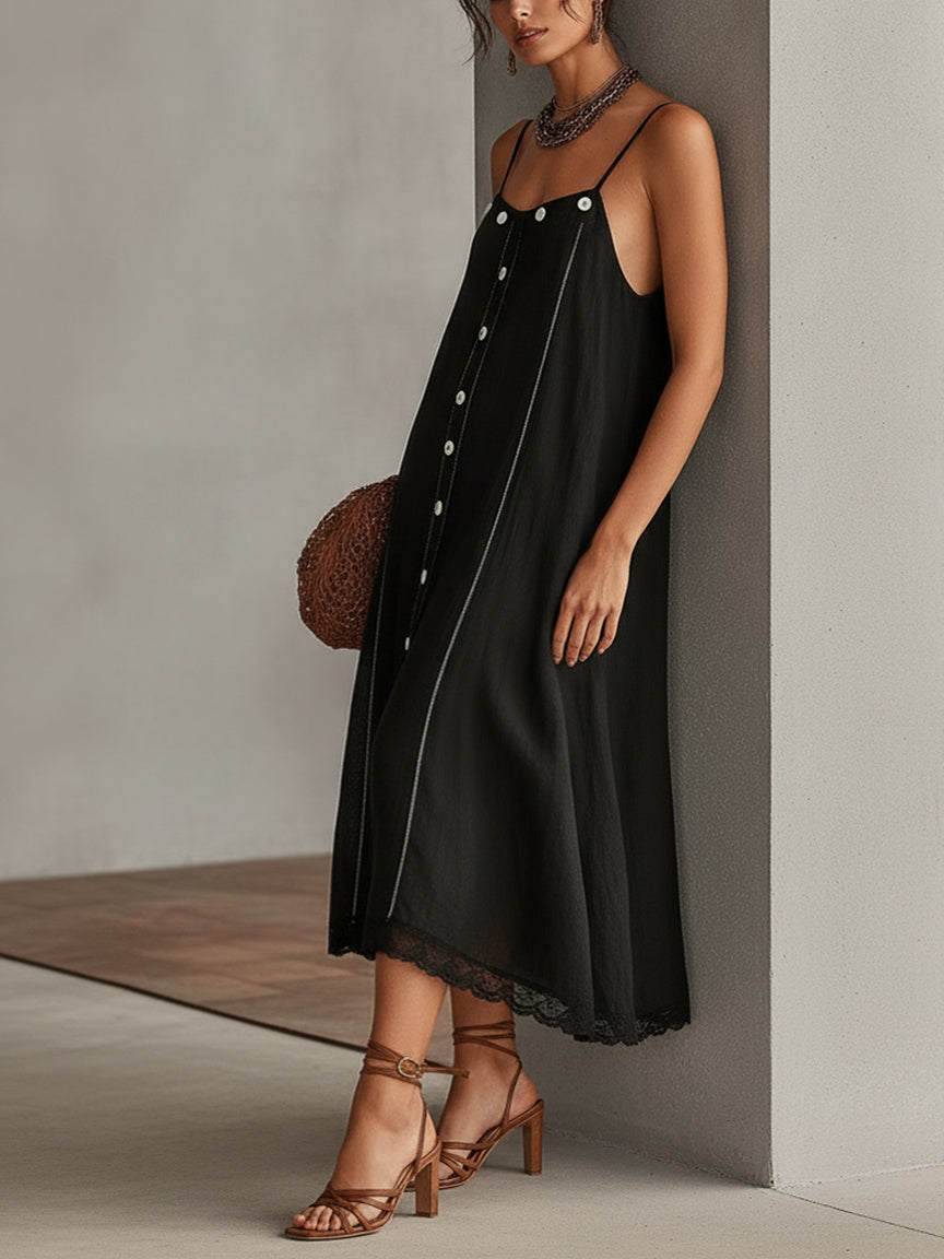 Black Sleeveless Embroidered Linen Maxi Dress