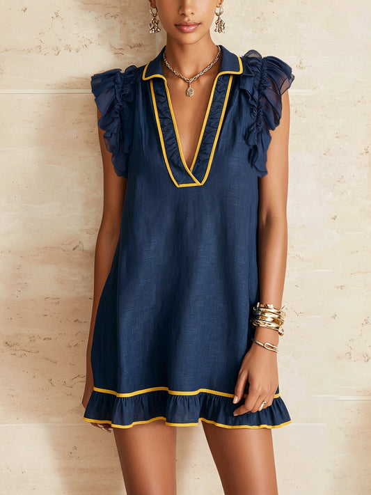 Navy Ruffle Mini Dress With Contrast Yellow Trim