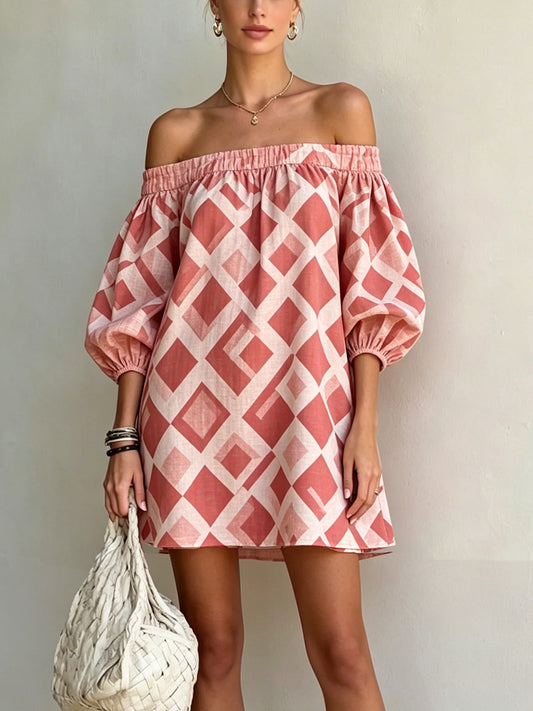Pink Off-Shoulder Mini Dress With Balloon Sleeves