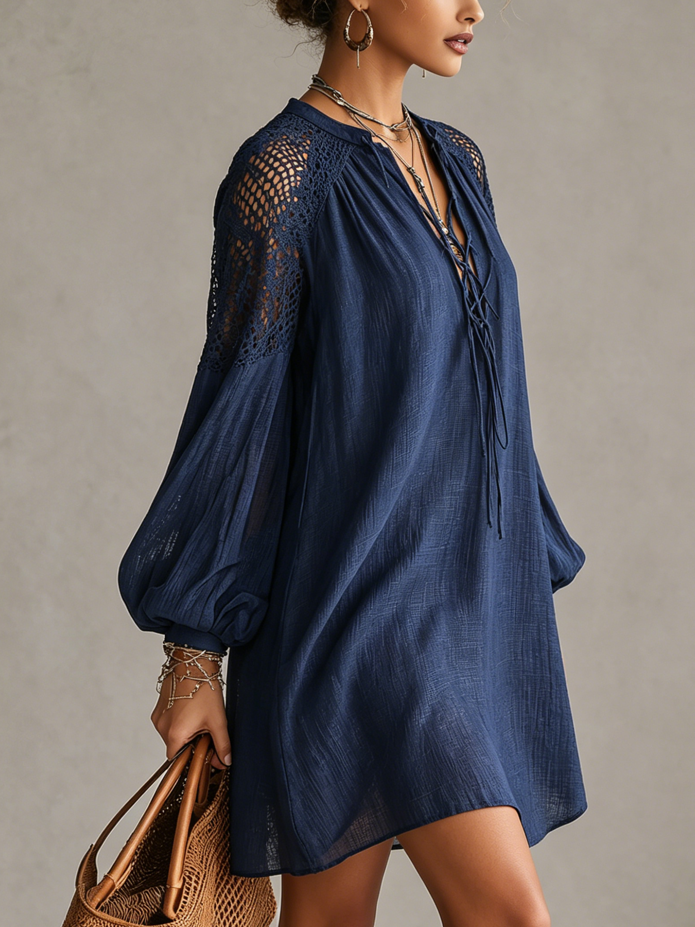 Navy Blue Crochet Shoulder Cotton Linen Mini Dress