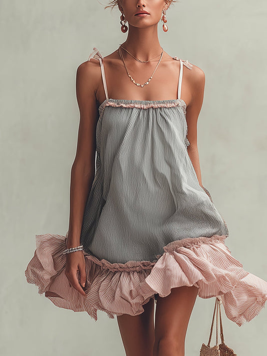 Gray Striped Cotton Ruffle Mini Dress