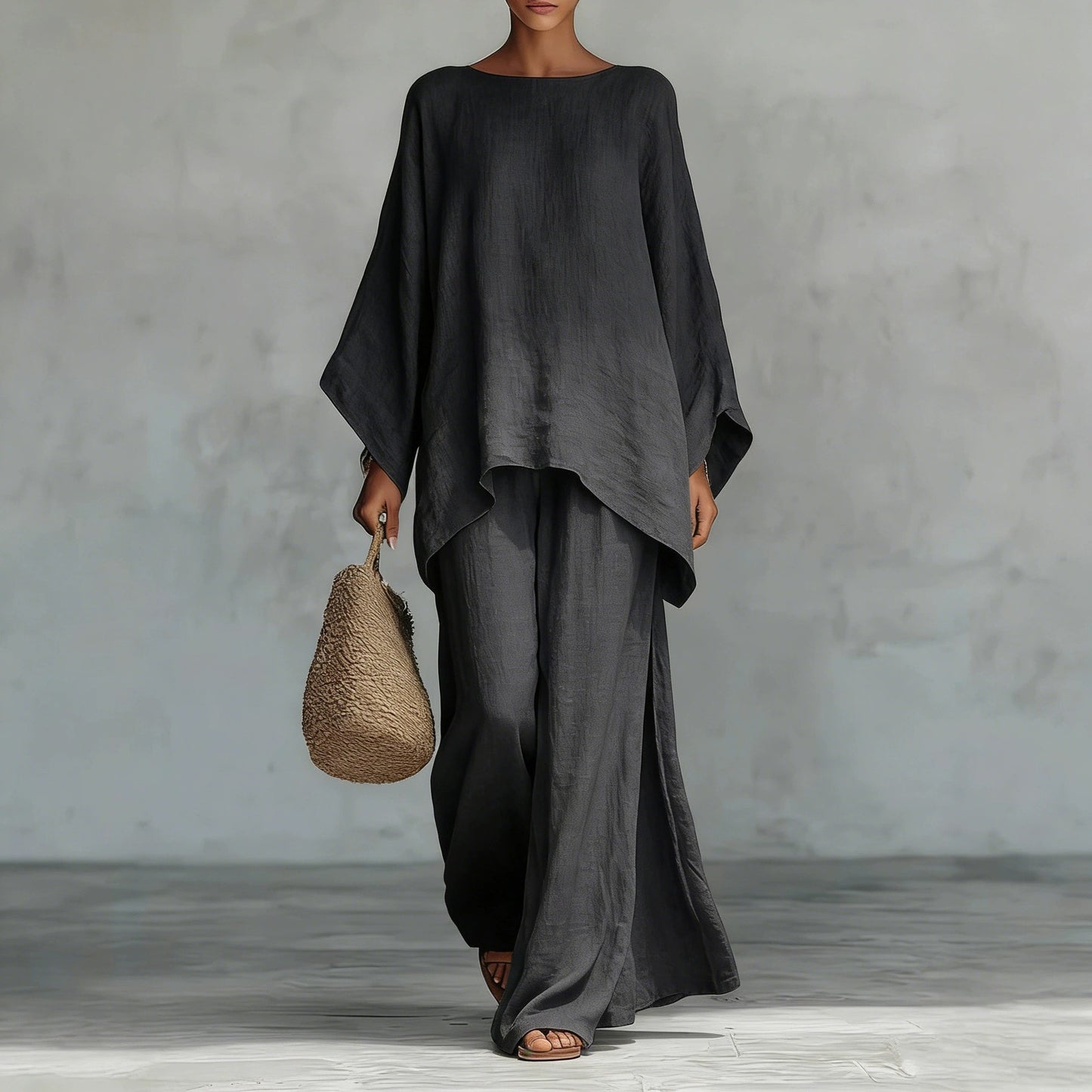 Linen-Look Asymmetric Tunic Top & Wide-Leg Pants Set