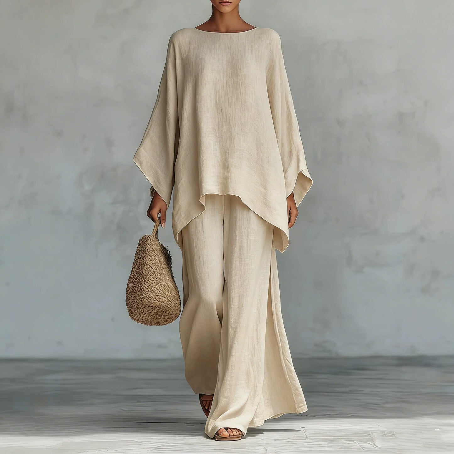 Linen-Look Asymmetric Tunic Top & Wide-Leg Pants Set