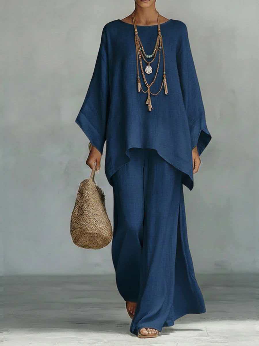 Linen-Look Asymmetric Tunic Top & Wide-Leg Pants Set